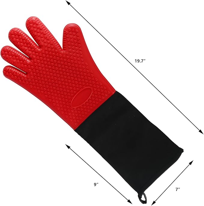 1 Pair Extra Long Professional Oven Mitts, Non-Slip Silicone Grip Heat Resistant,19.7" Length,Up to 572℉ for BBQ Cooking Baking Grilling (Red)