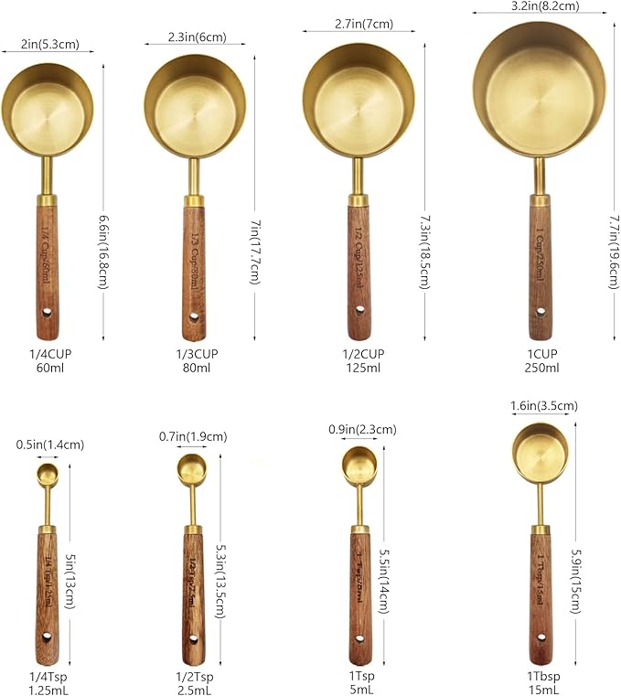 Gold Measuring Cups and Spoons Set with Fragrant Wood Handle, Measuring Cups, Metal Measuring Spoons and Measuring Cup Set for Cooking & Baking, Set of 8 pcs