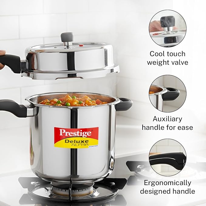 Prestige Deluxe Alpha Svachh Stainless Steel Pressure Cooker with Alpha Base and Deep Lid for Spillage Control, (10 Liter)