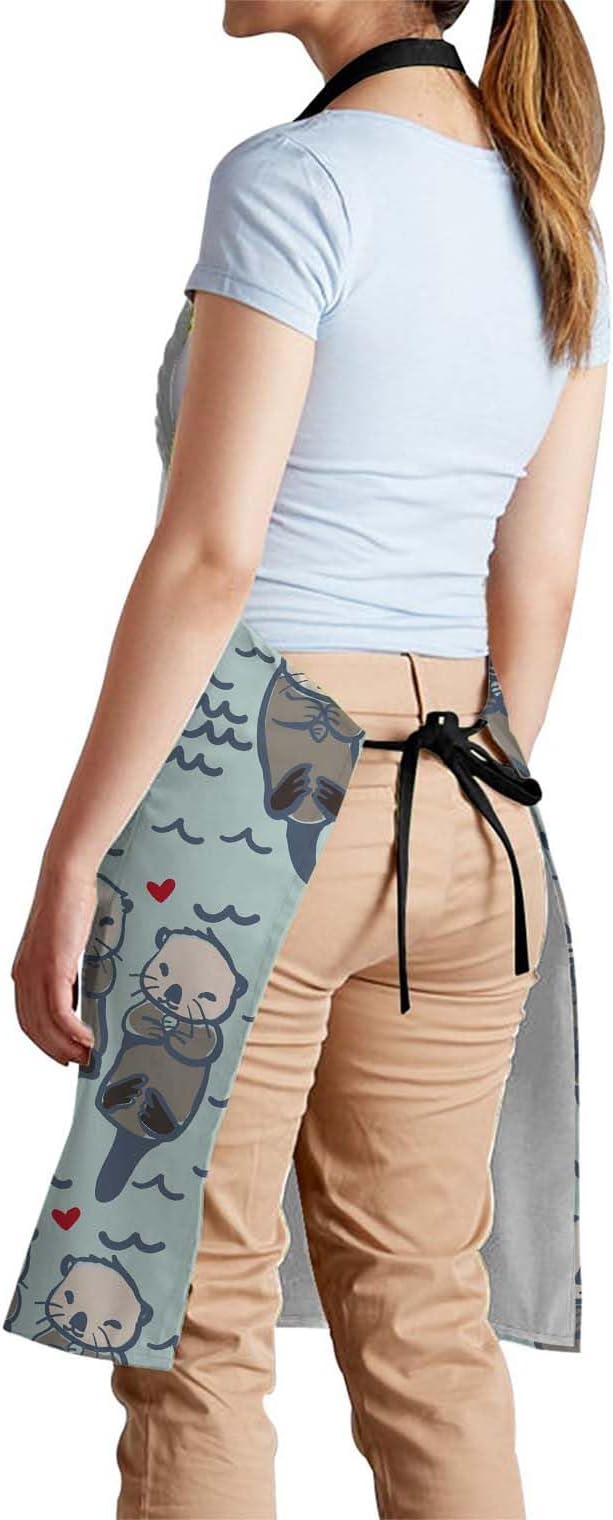 oFloral Sea Otter Love Pattern Apron Adjustable Apron Cooking Kitchen Chef Women Men Aprons for Home Kitchen, Restaurant, Coffee House, Baking Gardening BBQ