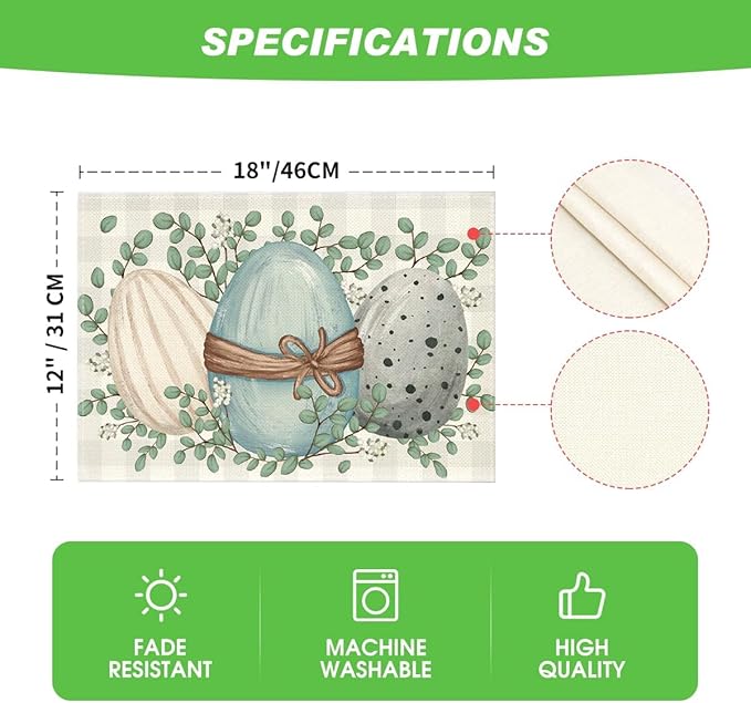 Artoid Mode Eucalyptus Eggs Easter Placemats Set of 4, 12x18 Inch Spring Seasonal Table Mats for Party Kitchen Dining Decoration