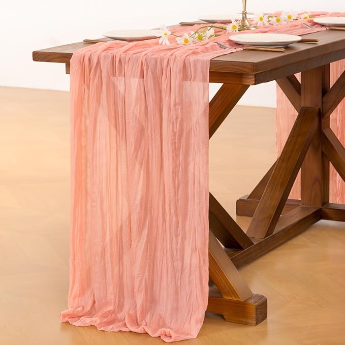 Socomi Coral Peach Easter Spring Cheesecloth Table Runner Boho Rustic Gauze 120 inch 10FT Cheese Cloth Runner for Wedding Party Baby Shower Birthday Home Decor Holiday Decorations
