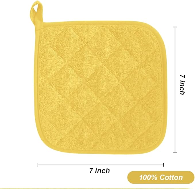 meioro 4-Pack Pot Holders for Kitchen High Heat Resistant Potholder, 100% Cotton Hot Pads, Quilted Terry Hot Pot Holder Set for Kitchens, Washable Trivet for Cooking and Baking 7x7 Inches (Yellow)
