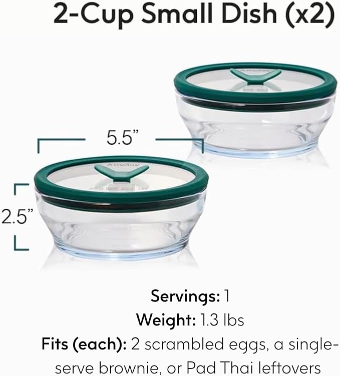Anyday 2-Pack (2-Cup) Glass Food Storage Set with Glass Lids | Plastic-Free Meal Prep Set | Stackable Airtight Storage Container Set with Vented Lid for Microwave-Safe Reheating