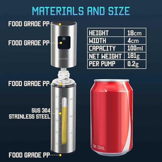 Olive Oil Sprayer for Cooking, Olive Oil Mister Spray Bottle for Cooking, Oil Dispenser Spritzer Bottle for Kitchen, SUS304 Stainless Steel, 100ml, Leak-Proof and Portable.