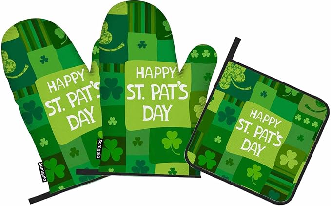 St. Patrick's Day Oven Mitts and Pot Holders Sets Shamrock Lucky Heat Resistant 3pcs for Cooking Baking BBQ
