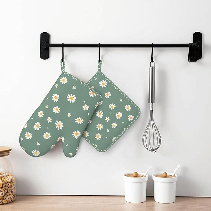 Oven Mitts and Pot Holders Daisy Flower Green Silicone Kitchen Accessories Set of 2 Heat Resistant Long Gloves Potholder Non-Slip Grip for Chef Cooking Baking Grilling BBQ