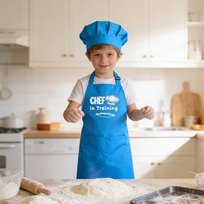 Kids Apron and Chef Hat Set Adjustable Child Aprons with 2 Large Pockets for Girls Boys Cooking Baking Painting Gift