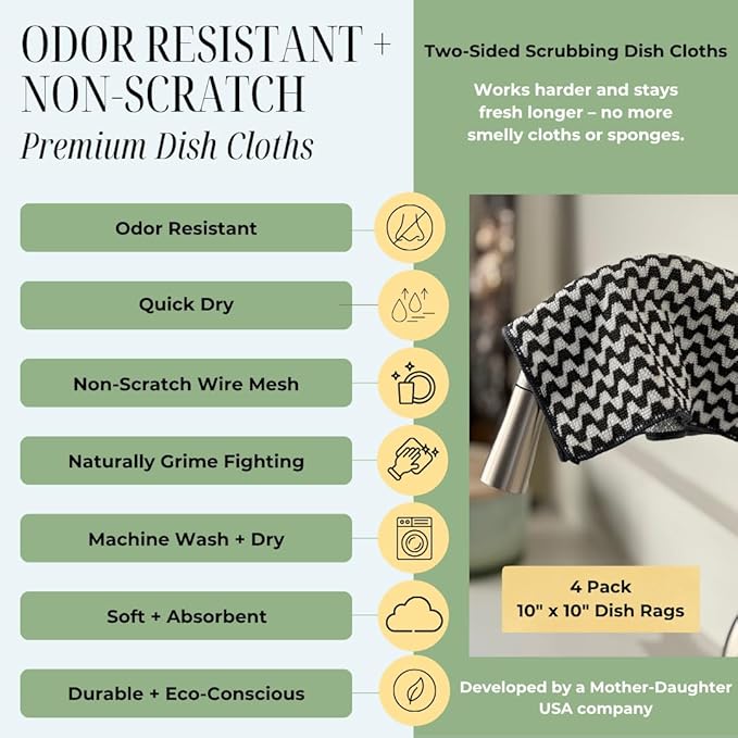 Severn Dish Cloths for Washing Dishes 4pk. Odor-Resistant Dish Rags with Non-Scratch Wire Scrubber Side for Kitchen Cleaning. Grime-Fighting Bamboo-Charcoal Microfiber 2-Sided Dishrags. Machine Wash