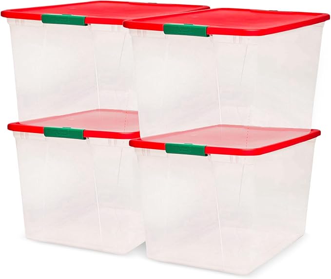 HOMZ 4-Pack Secure Latch, Clear Plastic Storage Organizer Bins, 64 Quart, Red Lid - Stackable Container Boxes for Bedroom, Bathroom, Garage, and Office Organization