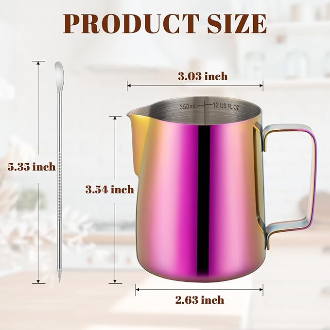 Amrules Milk Frothing Pitcher, 12 oz Milk Frother Cup with Clear Scale, 304 Stainless Steel Cappuccino Espresso Machine Accessories for Barista Coffee Bar with Latte Art Pen, Multipurple