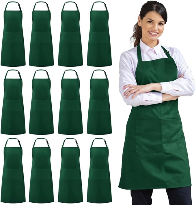 Syntus 12 Pack Bib Apron, Unisex Aprons Adjustable Waterdrop Resistant with 2 Pockets Cooking Kitchen Apron for Chef, BBQ Drawing Apron Bulk, Dark Green