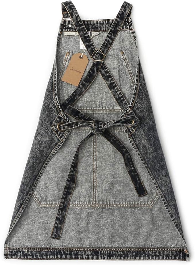 Jeanerlor - Cotton Denim Shop Black Tool Aprons with Pockets for Men - Jean Work Aprons for Men Cross Straps & Adjustable L to XXL