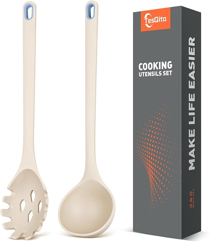 Silicone Spaghetti Spoon&Soup Ladle Cooking Utensils Set of 2,No Scratch for Nonstick Cookware,BPA Free, 450℉ Heat Resistant (KHAKI)
