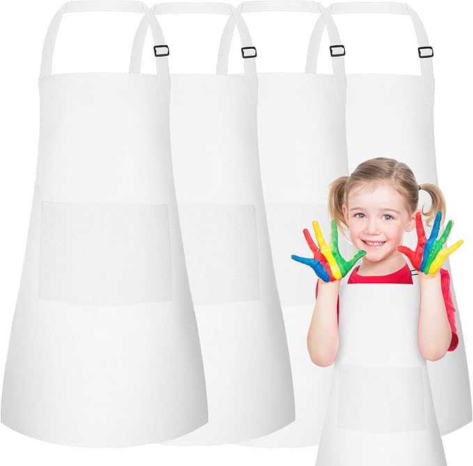 PLULON 12 Pcs Kids Aprons with 2 Pockets Painting Aprons for Kids Aprons Bulk, Paint Apron Adjustable Children Chef Aprons for Girls Boys Painting Baking Cooking Crafting - White