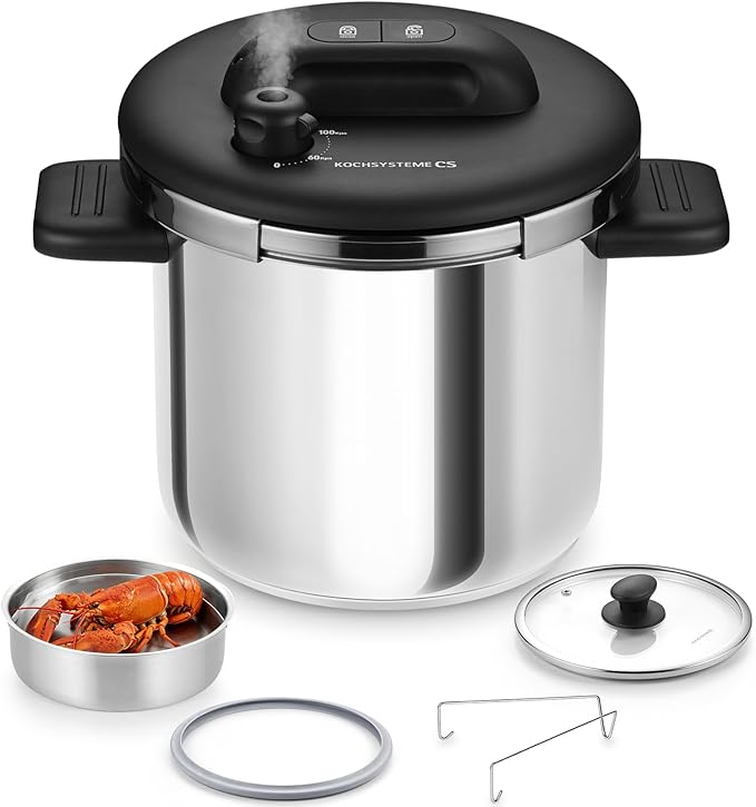 KOCH SYSTEME CS Stainless Steel Pressure Cooker 8.5QT, Olla de Presion, 18/10 Stainless Steel Pressure Cooker, Easy One-Press Lock, Stovetop Pressure Cookers, Induction Ready, Glass Lid & Steamer