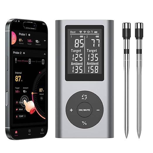 Wireless Meat Thermometer with 2 Probes & 800Ft Range - Smart Bluetooth BBQ Grill Thermometer with Standalone Base, NIST Certified ±0.5°F Accuracy