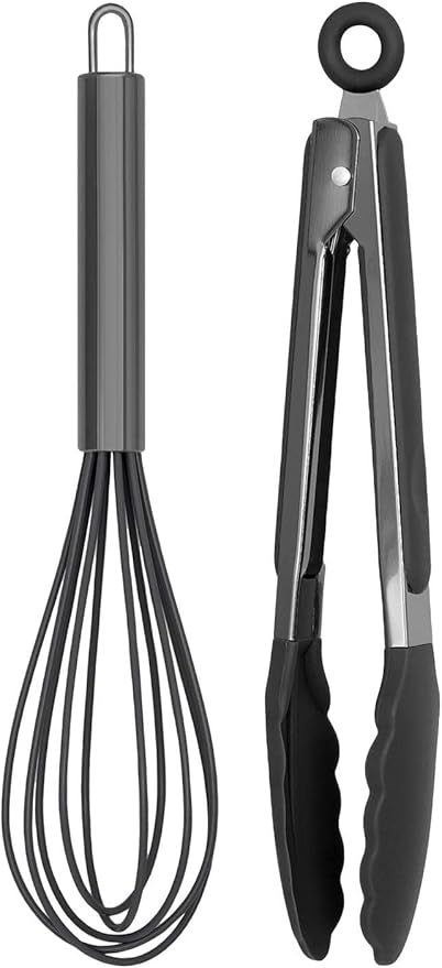 Country Kitchen Stainless Steel Silicone Tipped Kitchen Food BBQ and Cooking Tongs for Non Stick Cookware, BPA Fee, Stylish, Sturdy, Locking, Grill Tongs, Gunmetal, Tong and Whisk Set, Black