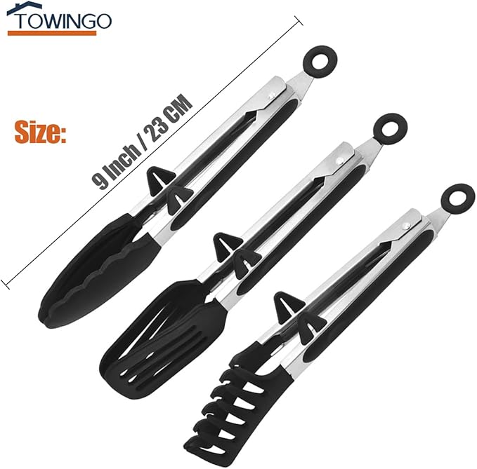 Kitchen Tongs, 9 Inch Tongs for Cooking with Silicone Tips, Food Grade Small Silicone Tong, Mini Serving Tongs for Nonstick Pans, BBQ, Salad, Set of 3, Black