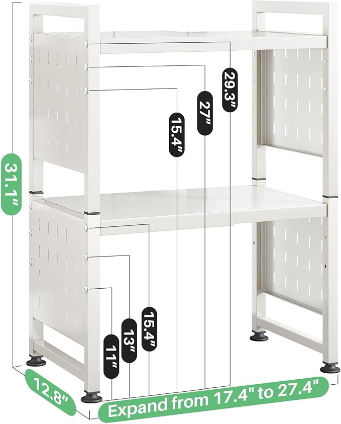Microwave Stand, 3-Tier Expandable(17.4"-27.4") Microwave Oven Rack, Heavy Duty Adjustable Shelf with 9 hooks, Kitchen Organizer Storage Shelves for Pantry, Countertop, Coffee Bar, Office, Dorm, White