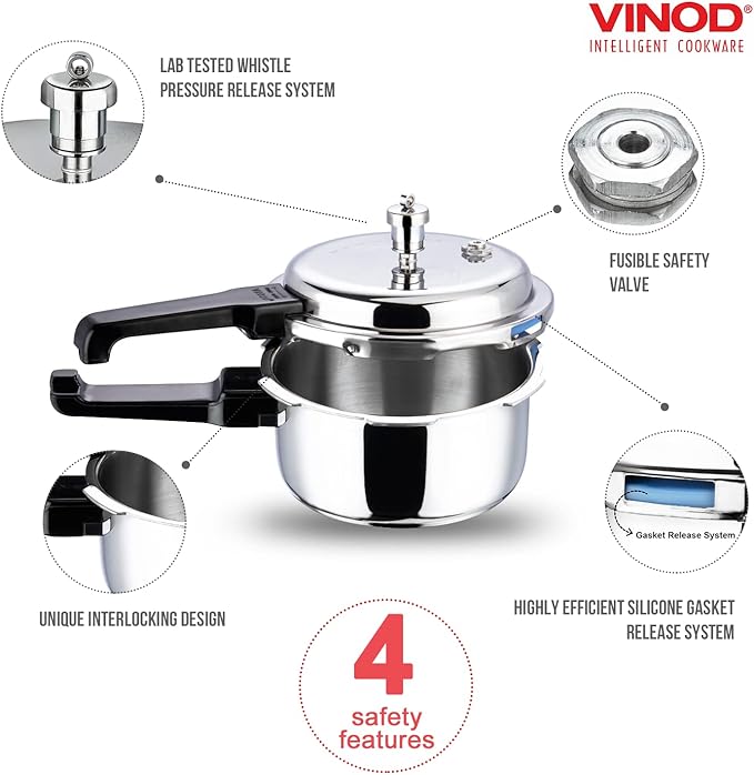 Vinod Pressure Cooker Stainless Steel – Outer Lid - 5 Liter – Induction Base Cooker – Indian Pressure Cooker – Sandwich Bottom – Best Used For Indian Cooking, Soups, and Rice Recipes, Quinoa