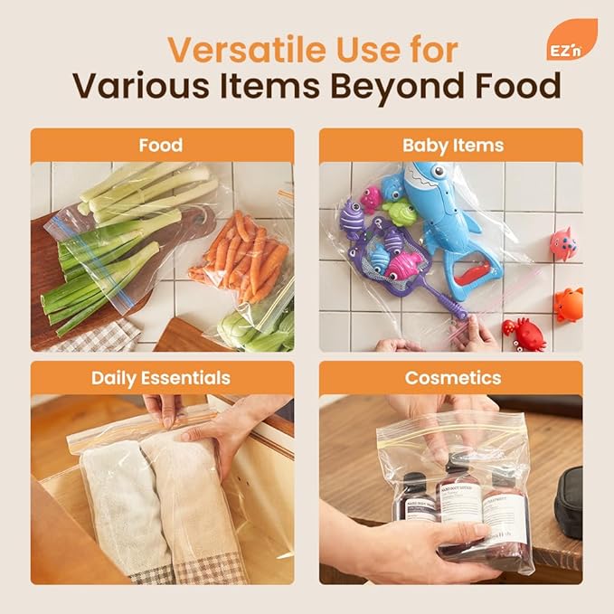 EZ'n Standard Double Zipper Food Storage Bags – Variety Pack, S,M,L Size, Durable, BPA-Free, Leakproof & Freezer Safe Resealable Plastic Bags - Made in Korea