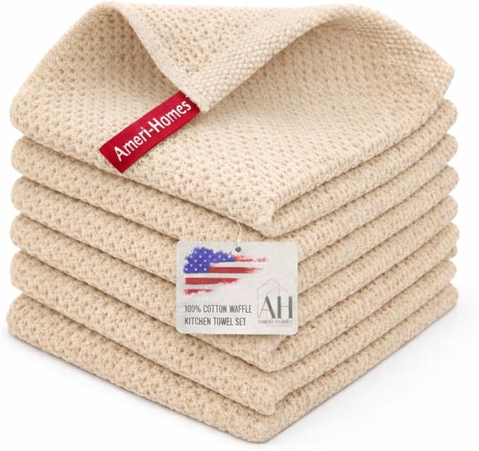 100% Cotton Waffle Kitchen Dish Cloths 6-Pack– Ultra Absorbent & Quick Dry, Counters & Kitchen Use – Soft, Durable & Lint-Free13.50X13.50 inches (Off-White)