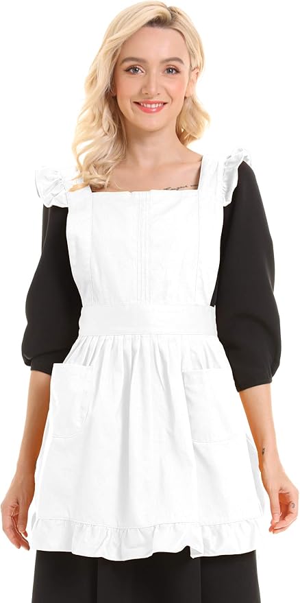 Retro Adjustable Ruffle Apron Kitchen Cooking Baking Cleaning Maid Costume (White)