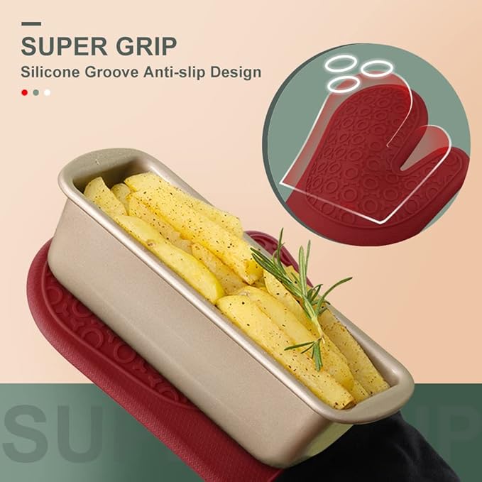 sungwoo Extra Long Silicone Oven Mitts, Heat Resistant Oven Gloves with Quilted Liner Non-Slip Textured Grip Perfect for BBQ, Baking, Cooking and Grilling - 1 Pair 14.6 Inch Red & Black