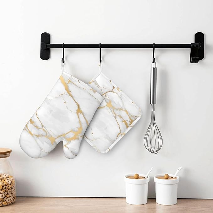 Oven Mitts and Pot Holders White Gold Marble Abstract Silicone Kitchen Accessories Set of 2 Heat Resistant Long Gloves Potholder Non-Slip Grip for Chef Cooking,Baking,Grilling,BBQ