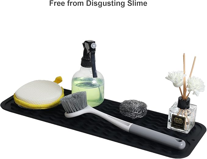 ZLR Silicone Sponge Holder & Sink Caddy Tray (6" x 17") - Narrow Dish Drying Mat for Kitchen Counter - Waterproof Soap Dispenser Organizer, Non-Slip Bathroom Vanity Tray (Black)