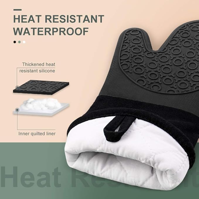 sungwoo 6pcs Silicone Oven Mitts and Pot Holders Sets, 14.6 Inch Heat Resistant Oven Gloves with Quilted Liner Non-Slip Textured Grip Perfect for BBQ, Baking, Cooking and Grilling Black