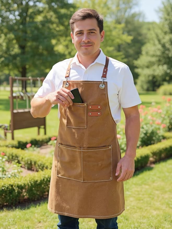 Chef Apron with Large Pockets for Women Men, Cotton Canvas Cross Back Water Repellent Adjustable Work Apron