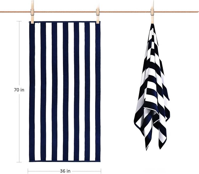 LULUHOME Large Oversized Beach Towel - Big Cotton 36 x 70 Inch Striped Pool Towel, Large Cabana Soft Swimming Towel for Adult Men Women,Navy Blue