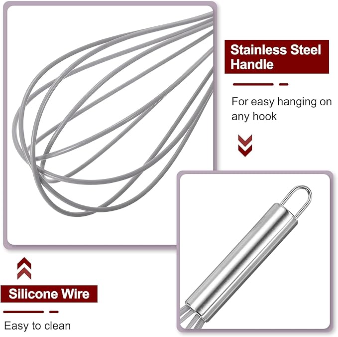 HARFINGTON 5Pcs Silicone Whisk 8" Kitchen Whisk Wire Whisks Beater with Stainless Steel Handle for Egg Milk Whisking Blending Beating & Stirring, Grey