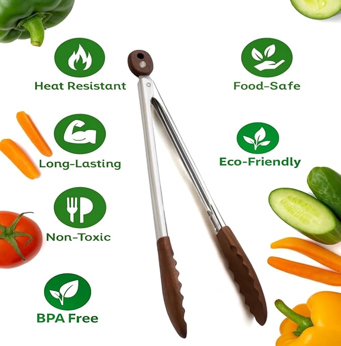 Walnut Wood Kitchen Tongs – 12-Inch Nonstick-Safe Wooden Salad & Grill Tongs for Cooking, Serving, BBQ, and Tossing Salad – Durable Stainless Steel Core with Natural Wooden Tips