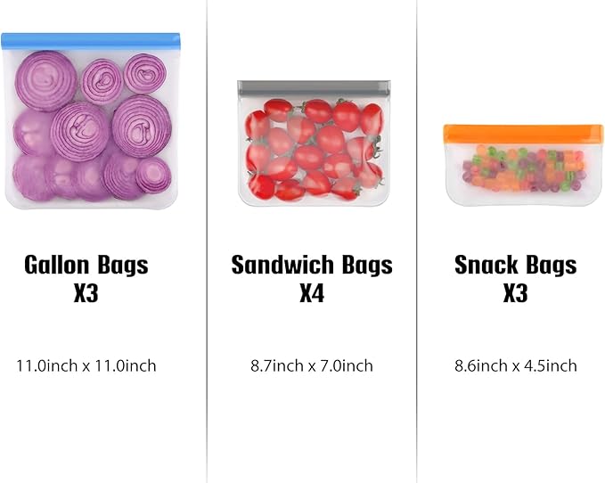 Lerine Dishwasher Safe Reusable Bags, Leakproof Reusable Freezer Bags, BPA Free Food Storage Bags for Lunch Marinate Food Travel (Multicolor, 34 Pack-12 Gallon 12 Sandwich 10 Snack)