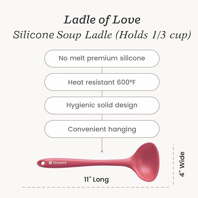 Starpack 'Ladle of Love' Premium Silicone Ladle Spoon - Soup Ladle High Heat Resistant to 600°F - Kitchen Laldes for Serving - Non Stick Silicone Ladle - Cooking Ladle Spoon - LFGB Grade Rubber Ladle