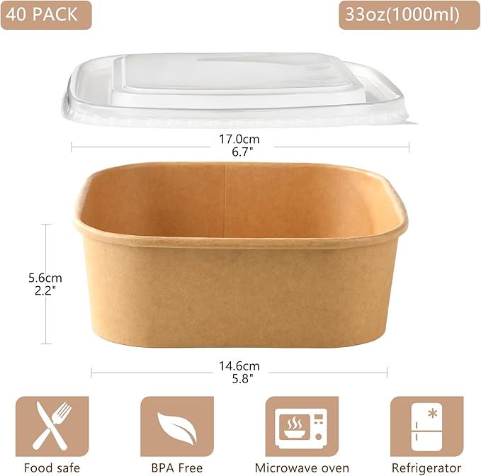 40 Sets 33oz Disposable Kraft Paper Bowls with Lids, Large Paper Food Containers with Lids, Salad Bowls for Hot/Cold Food, Fruit, Meal Prep, Ice Cream, Takeout, Party Supplies(Square, 1000ml)