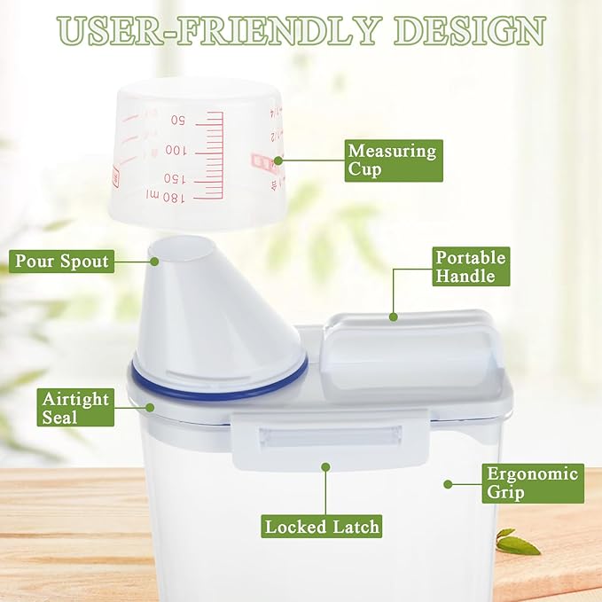 AKOLAFE 4 Pack Flour Container 5LB Pantry Food Storage Containers with Lids Airtight & Measuring Cup Small Air Tight Rice Holder Bin Plastic Cereal Grain Dispenser Kitchen for Sugar Dry Goods Pet Food