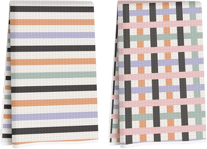 2 Pcs Colorful Stripe Kitchen Towels, Minimalist Art Decorative Absorbent Microfiber Dish Cloth Tea Towel, Checkered Waffle Soft Hand Towels for Kitchen Home Bathroom, Housewarming Gifts