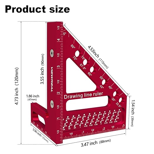 Premium Carpenter Square Hole Scribing Ruler Woodworking Square 22.5-90 Degree Measuring Ruler with Angle Pin,Versatile Multi Angle Square for Woodworking, Engineering, and Construction