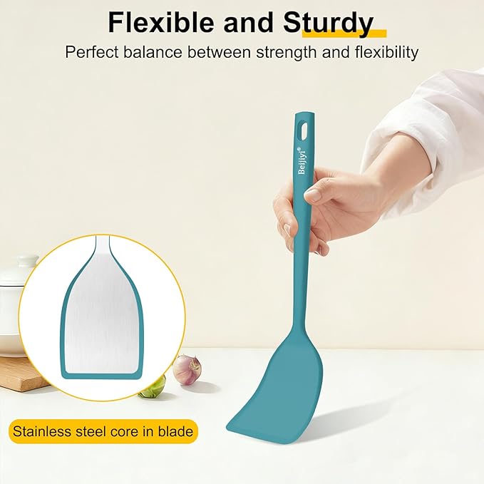 Beijiyi Silicone Spatula Set of 4, 600°F Heat Resistant, BPA Free Kitchen Spatula and Spoons for Nonstick Cookware, Solid & Slotted Turner Cooking Utensils for Serving, Flipping Egg, Pancakes (Blue)