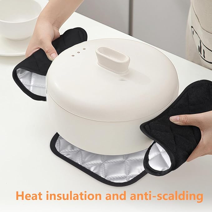 GeeRic 4 Pack Potholders for Kitchen, Heat-Resistant Quilted Cotton Hot Pads, Durable and Machine Washable with Hanging Loop Mat for Cooking, Baking, and Grilling Black