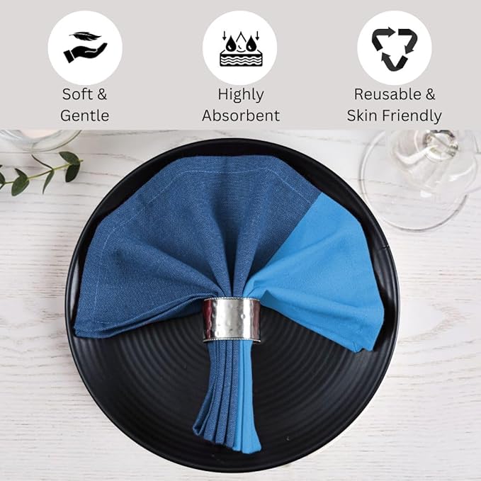 Cloth Dinner Napkins 100% Cotton Set of 6 - Soft Durable Reusable Table Napkins - for Dining Weddings Parties Holidays Easter and Everyday Use - 18x18 Inch Cloth Napkins Blue