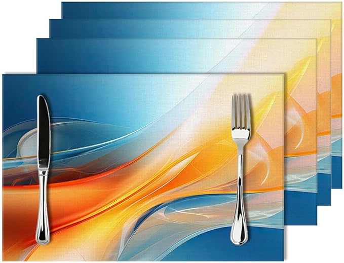 Blue and Orange Abstract Fluid Linen Placemats Set of 4, Non-Slip Heat-Resistant Modern Boho Burnt Orange Yellow and Blue Kitchen Table Mats for Dining Table, Kitchen, Coffee Shop, Modern Home Decor