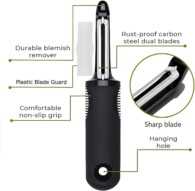 Swivel Vegetable Peeler with Non-Slip Ergonomic Handle, Rust-Proof Steel Blades, Built-in Potato Eye Remover, Plastic Blade Guard, Kitchen Peeler for Potato, Carrot, Apple, Veggie, Fruit, Black
