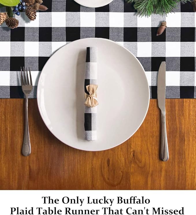 DUOBAO Buffalo Plaid Table Runner with Tassels 14x72-Inch Checked Linen Cotton Picnic Tables Overlay Rectangle Tablecloths Farmhouse Decor Gingham Runners Black and White