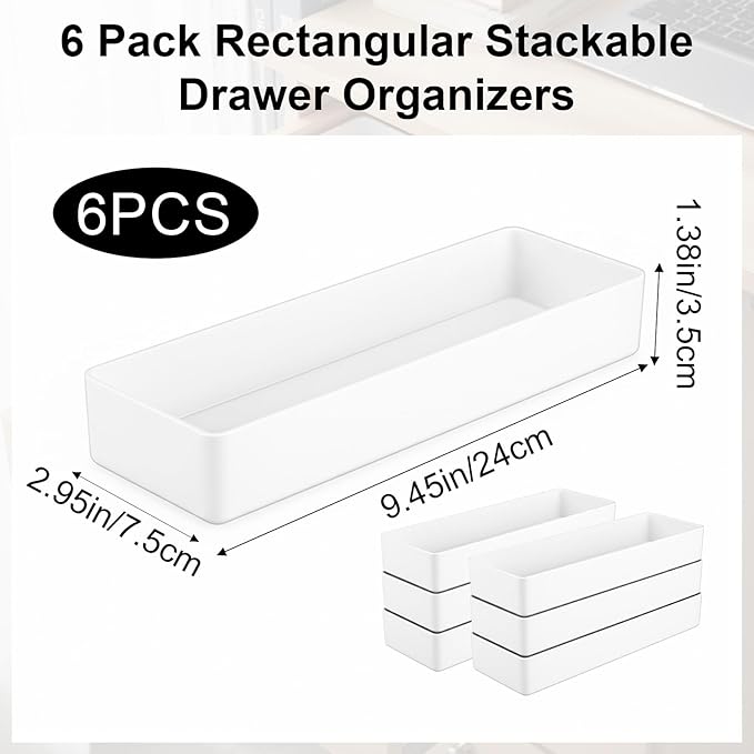 6-Pack White Plastic Desk Organizer Trays, Rectangular Stackable Drawer Organizers for Office, Kitchen, Bathroom & Vanity, 9.45 x 2.95 x 1.38 Inches