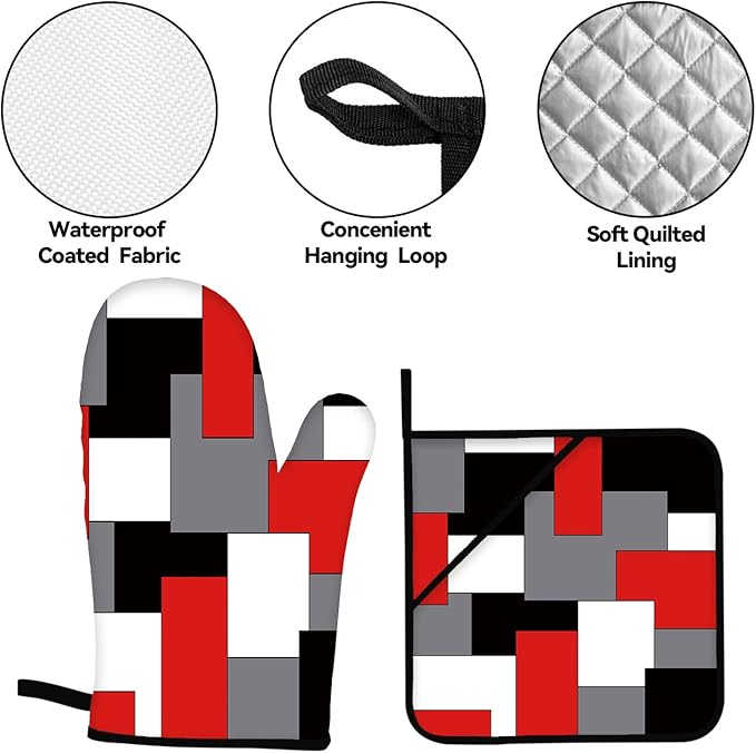 Red Black Grey White Oven Mitts and Pot Holders Sets of 4 Geometric Oven Gloves for Kitchen Baking Cooking Grilling (Red)